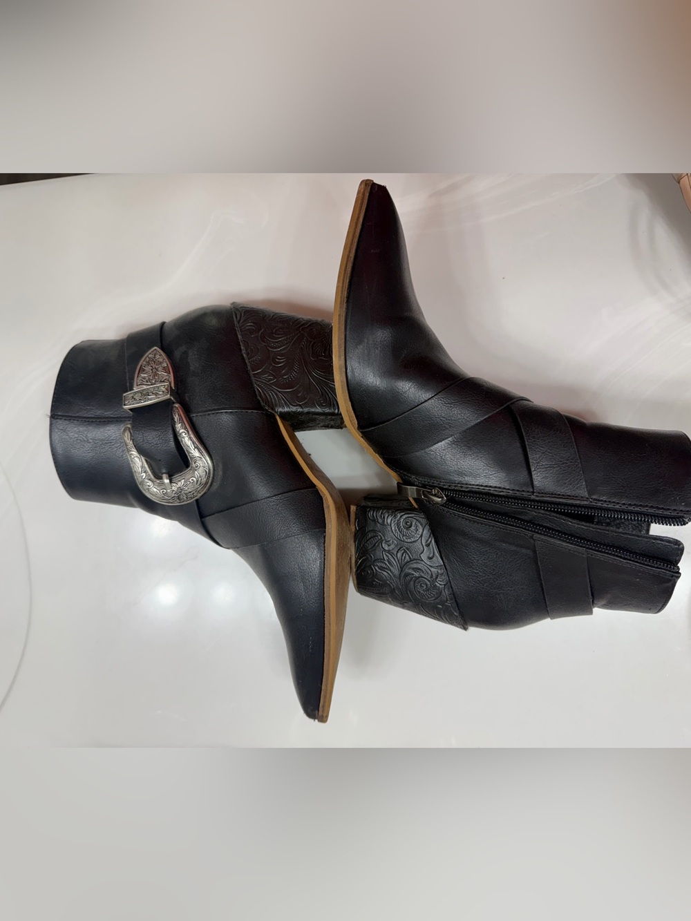 BEAST FASHION Black Western-Style Ankle Boots with Silver Buckle